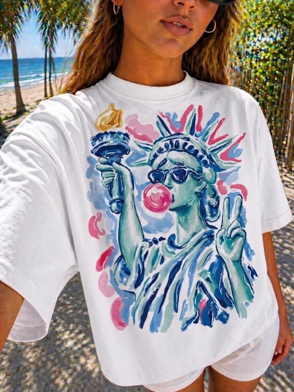 Preppy Brushstroke Statue of Liberty Blowing Bubble Graphic Tee
